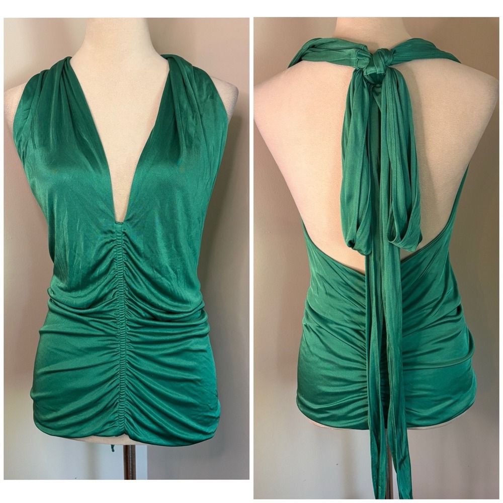 VTG Y2K Moda International Ruched Halter Top Slinky Green Plunge VS Size Medium